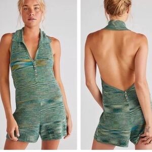 Free People romper shorts halter Summer Nights green knit sweater XS NEW